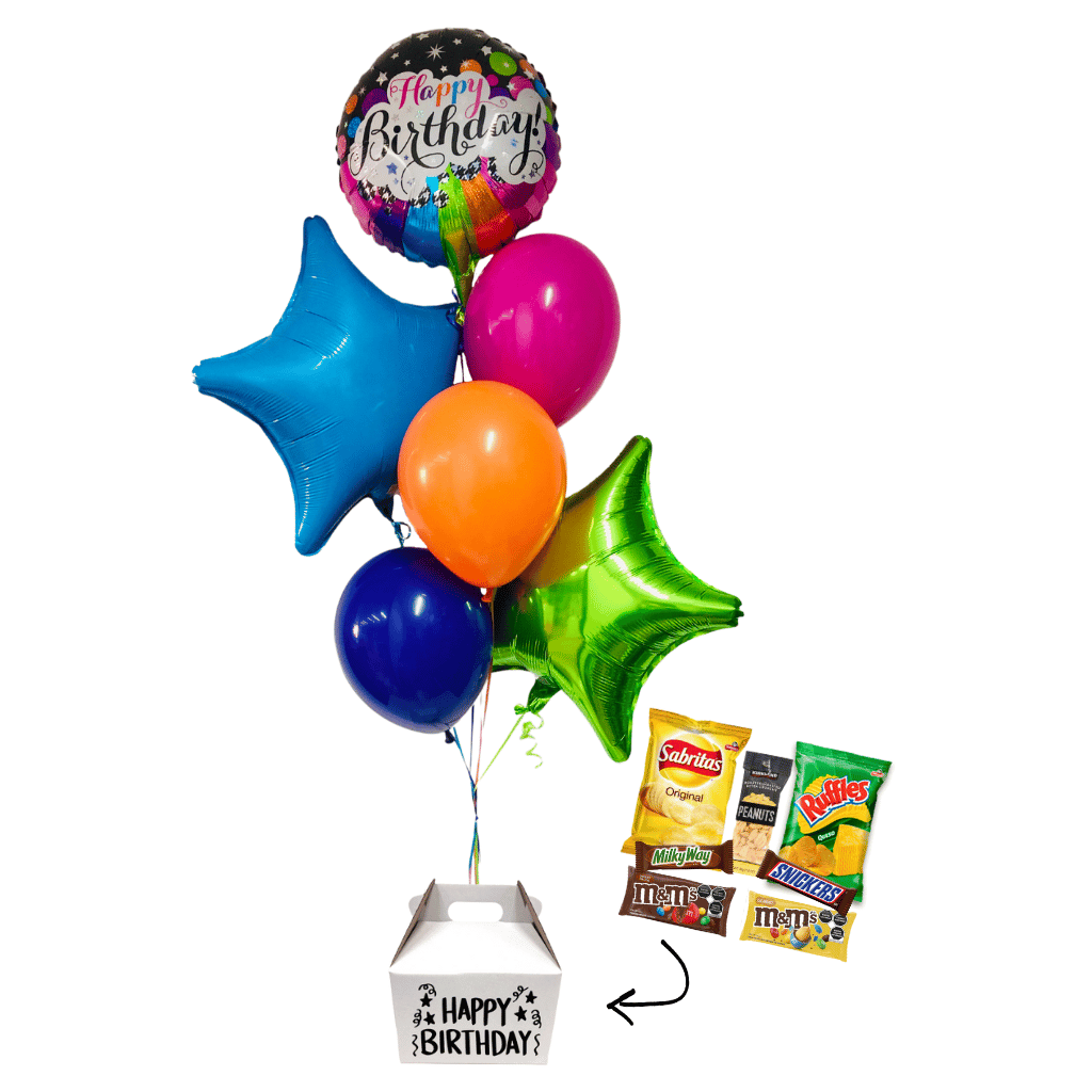 Globos de cumpleaños con caja dulces y botana. Servicio a domicilio en Monterrey.
