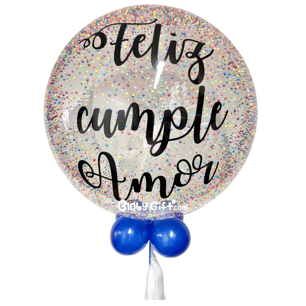 Globo bubbles burbuja con bolitas de unicel perlitas personalizado con vinil servicio a domicilio en Monterrey