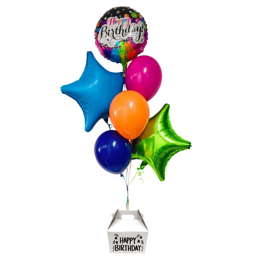 Globos de cumpleaños con caja dulces y botana. Servicio a domicilio en Monterrey.