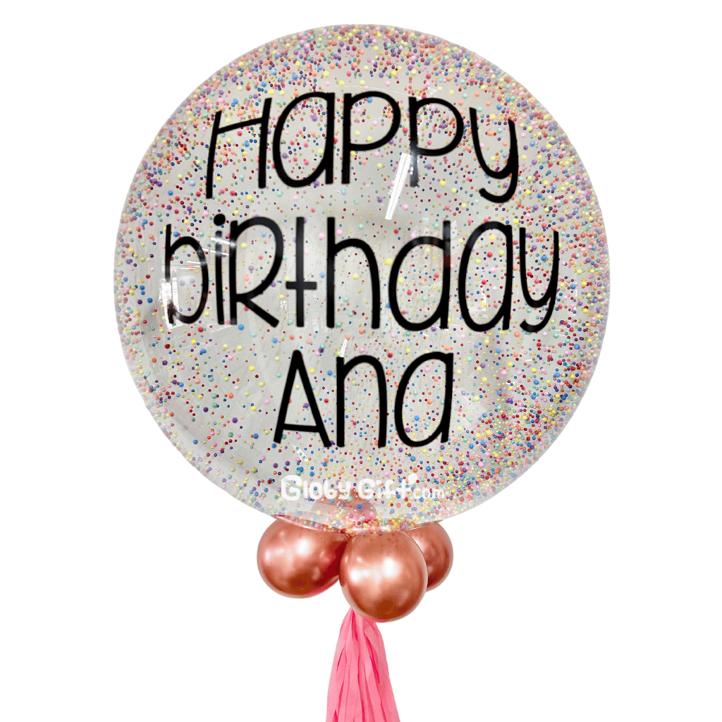 Globo bubbles burbuja con bolitas de unicel perlitas personalizado con vinil servicio a domicilio en Monterrey