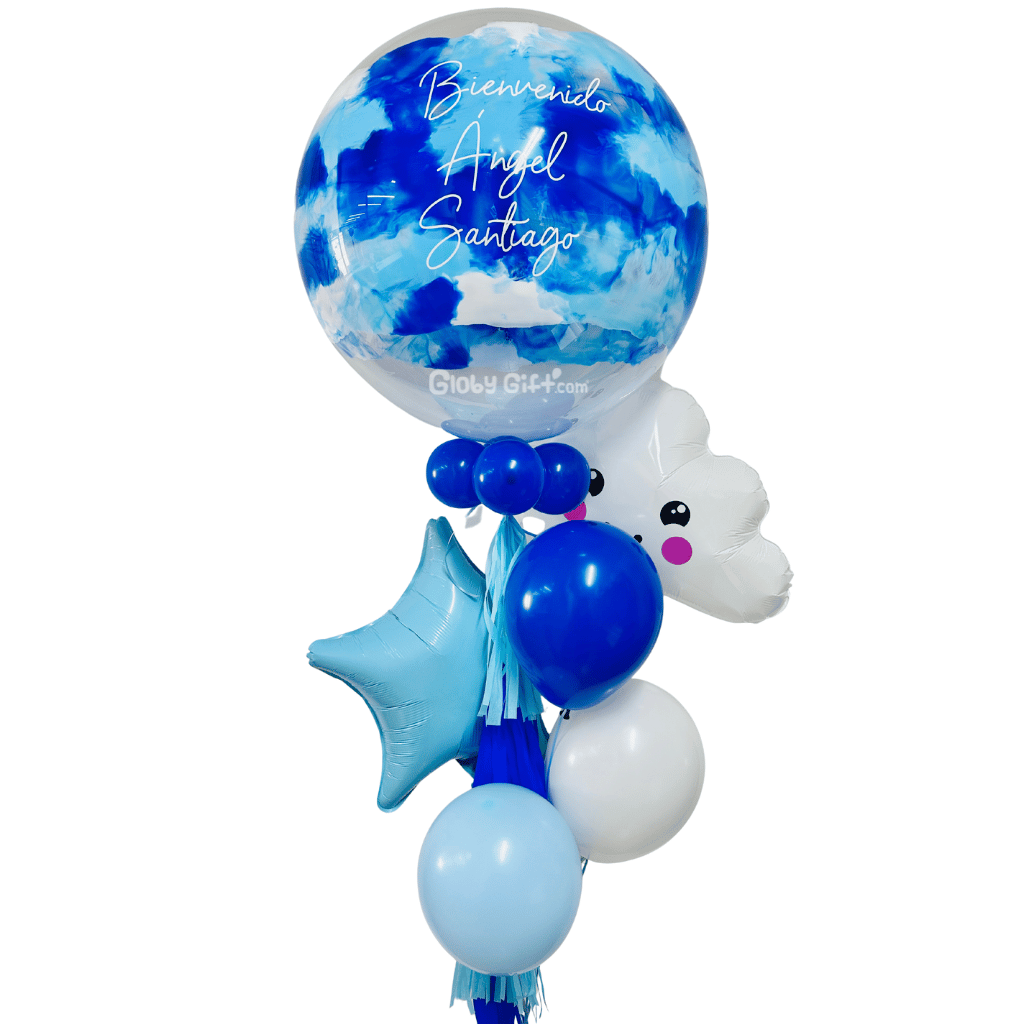 Arreglo de globos globo burbuja bebé recién nacido nacimiento personalizado con frase y pintura. Servicio a domicilio en Monterrey.