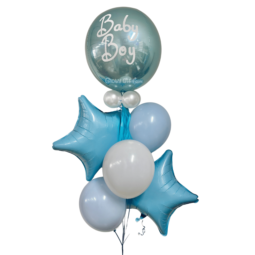 Bouquet ramillete arreglo de globos de maternidad niño. Servicio a domicilio en Monterrey.