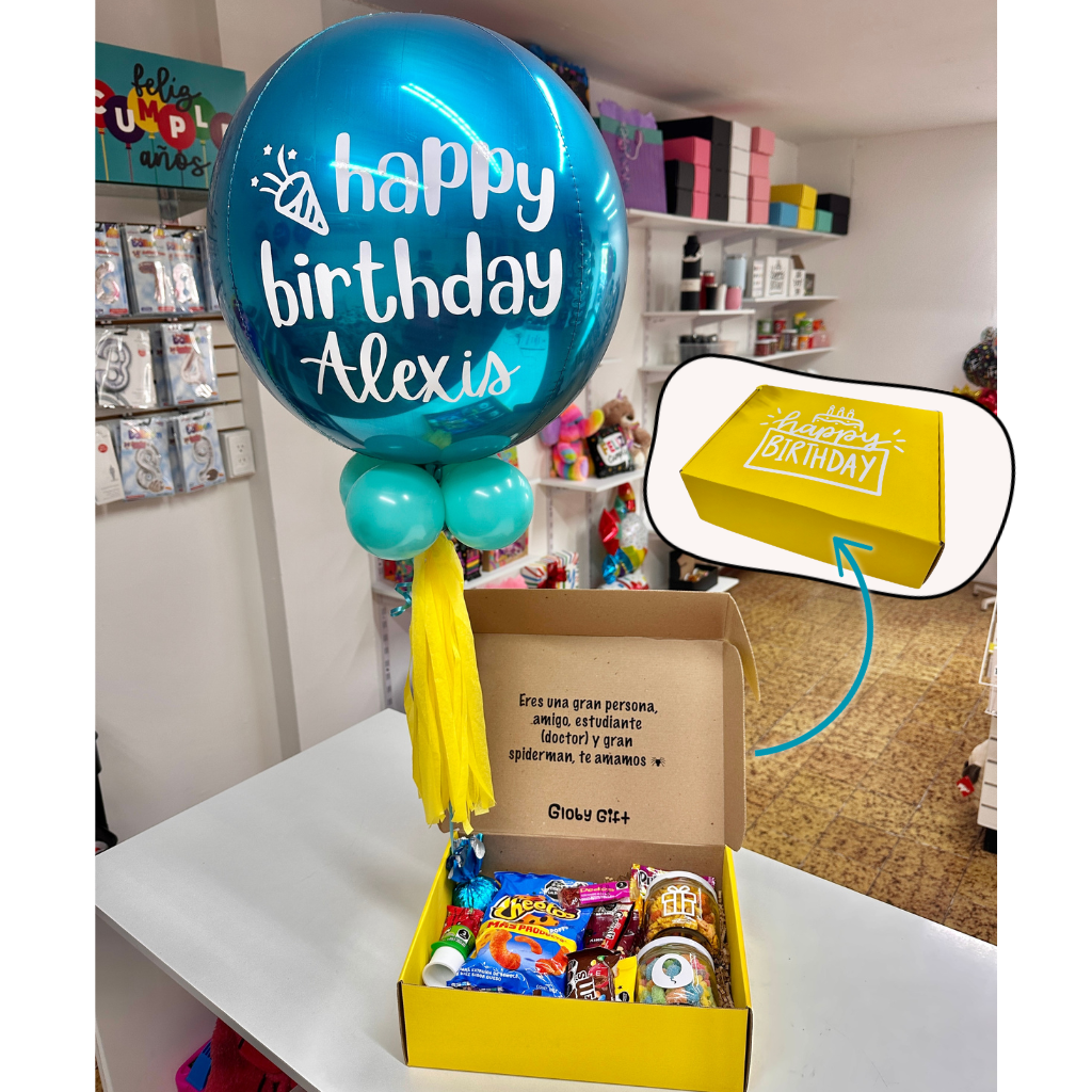 Giftbox caja de regalo personalizada cumpleaños con dulces y botanas. Con globo personalizado. Servicio a domicilio en Monterrey.