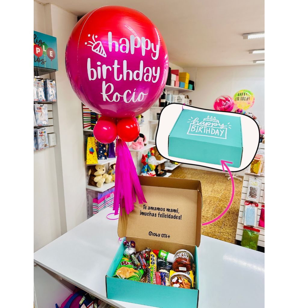 Giftbox caja de regalo personalizada cumpleaños con dulces y botanas. Con globo personalizado. Servicio a domicilio en Monterrey.