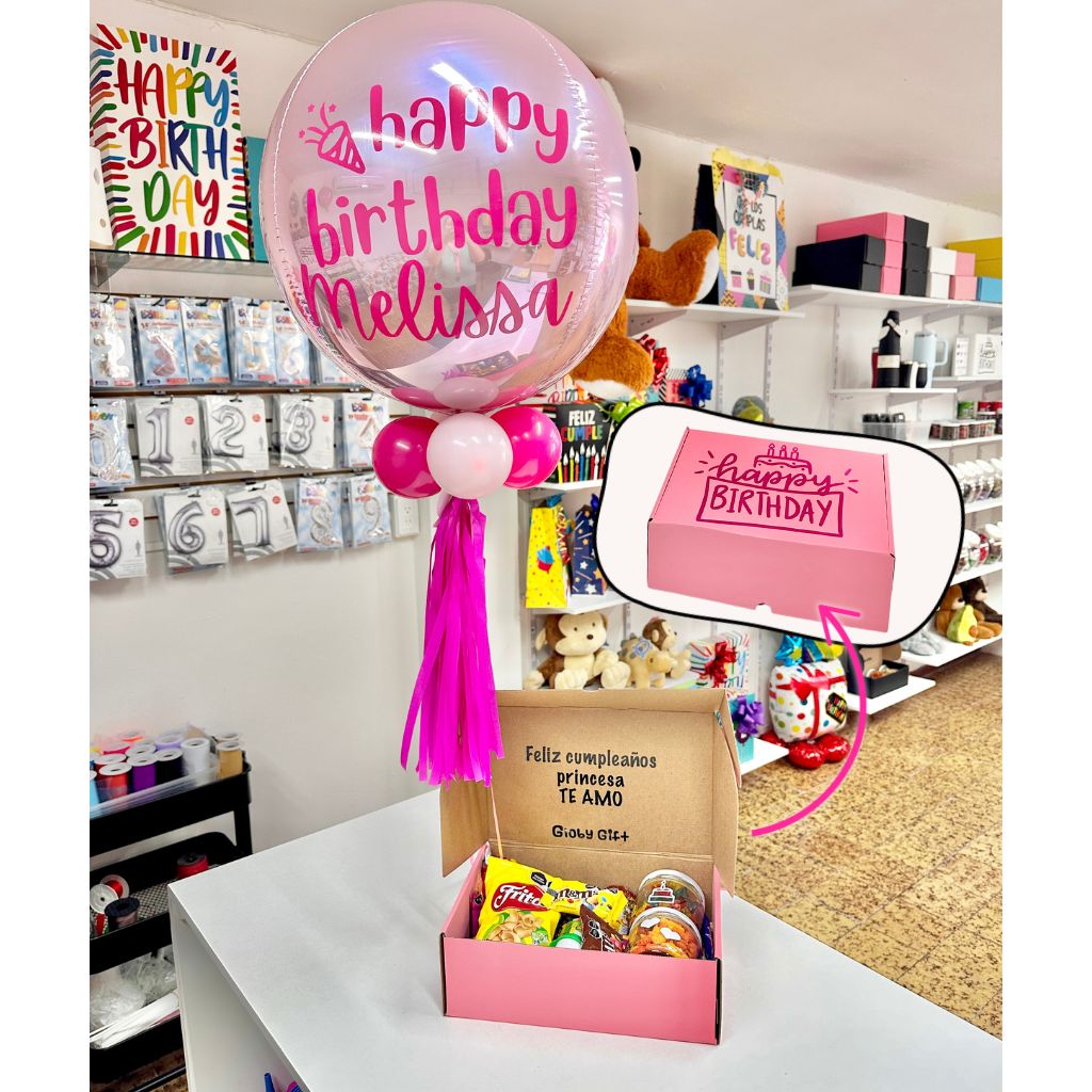 Giftbox caja de regalo personalizada cumpleaños con dulces y botanas. Con globo personalizado. Servicio a domicilio en Monterrey.