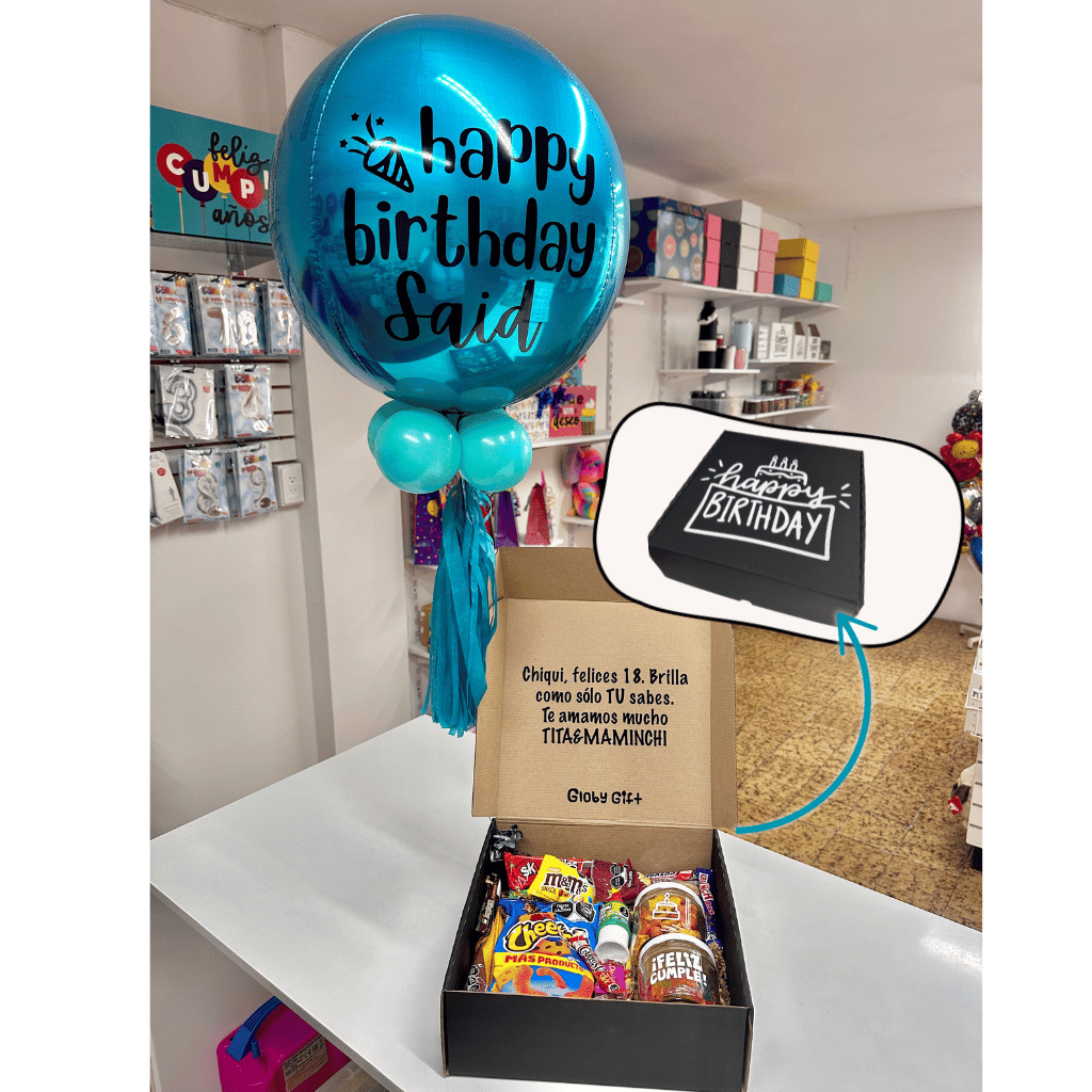 Giftbox caja de regalo personalizada cumpleaños con dulces y botanas. Con globo personalizado. Servicio a domicilio en Monterrey.