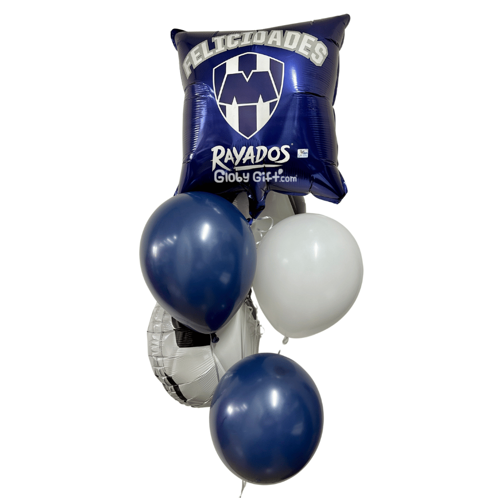 Bouquet arreglo ramillete globos Rayados club de futbol Monterrey. Envío a domicilio en Monterrey.