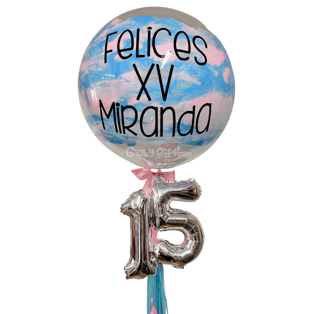 Bouquet ramillete arreglo de globos burbuja personalizado con números. Servicio a domicilio en Monterrey.