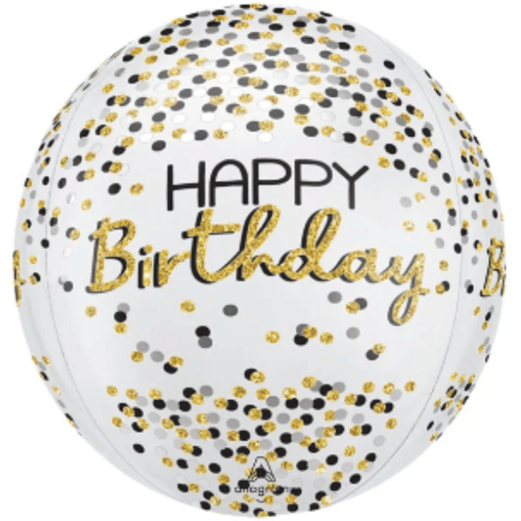 Globo orbz happy birthday silver black and gold