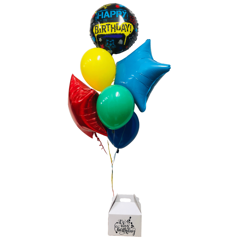Globos de cumpleaños con caja dulces y botana. Servicio a domicilio en Monterrey.