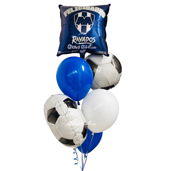 Bouquet arreglo ramillete globos Rayados club de futbol Monterrey. Envío a domicilio en Monterrey.