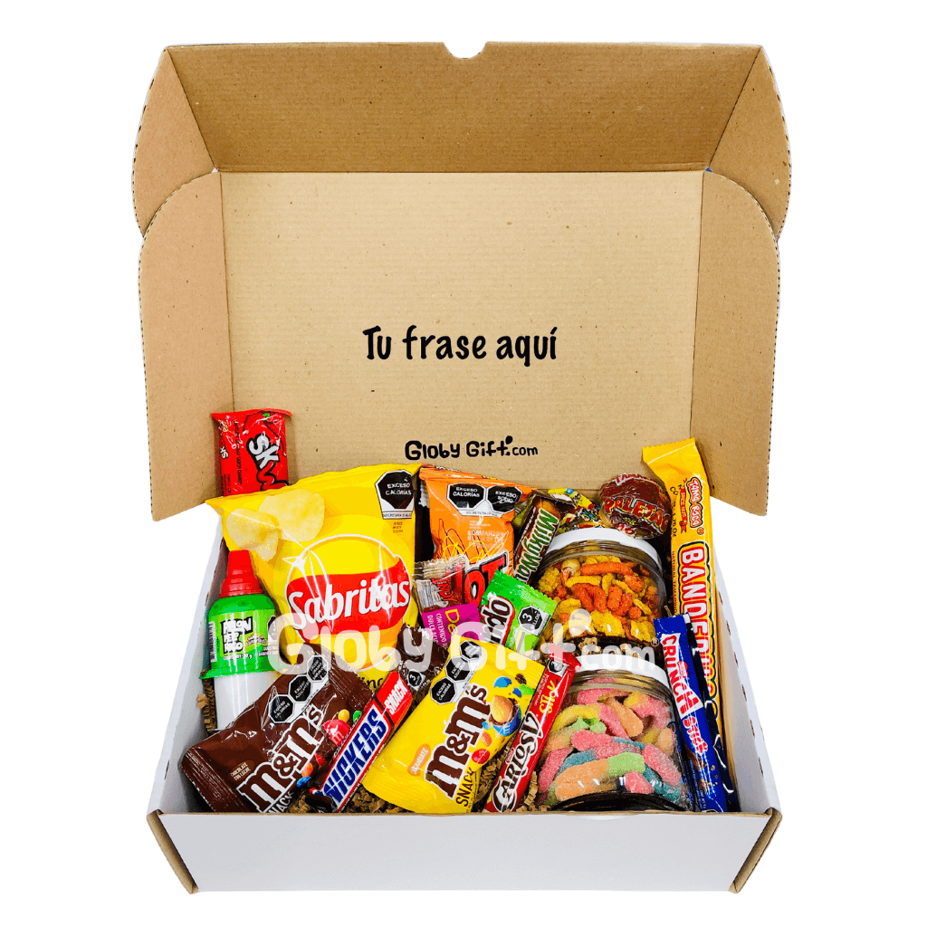 Giftbox caja personalizada con dulces chocolates botana tamarindos. Servicio a domicilio en Monterrey.