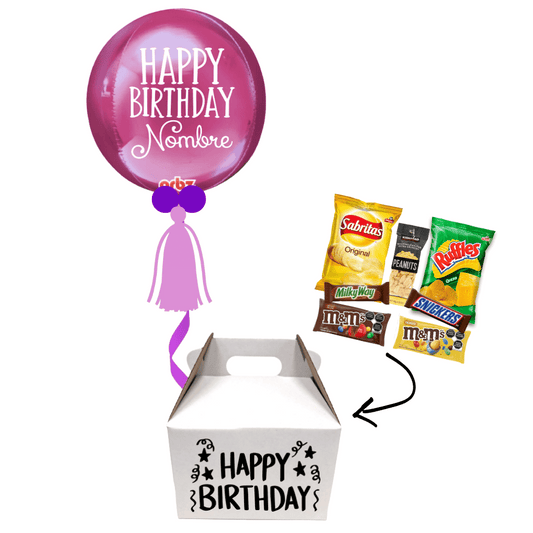 Globo personalizado con giftbox caja con dulces chocolates y botanas. Servicio a domicilio en Monterrey.