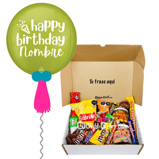 Giftbox caja de regalo personalizada cumpleaños con dulces y botanas. Con globo personalizado. Servicio a domicilio en Monterrey.