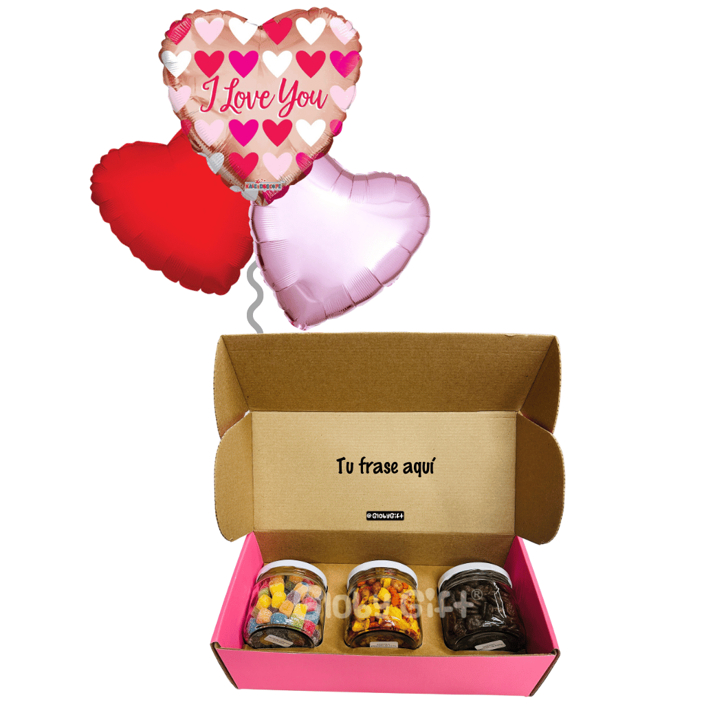 Regalos personalizados globos giftbox caja de regalo con dulces y botanas San Valentín 14 de febrero día del amor y de la amistad. Servicio a domicilio en Monterrey.