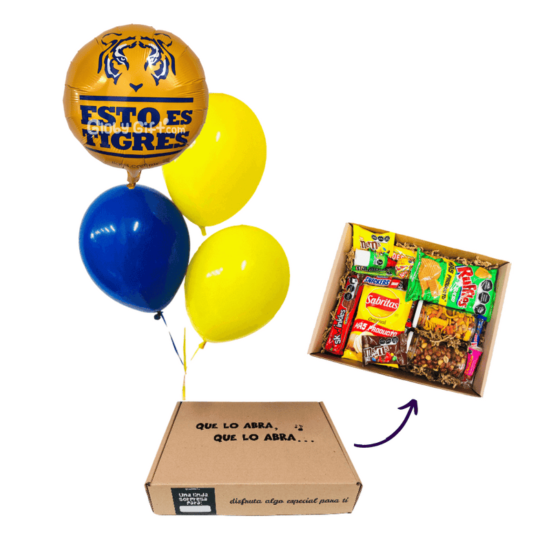 Giftbox caja con dulces y botanas con globo de Tigres UANL. Servicio a domicilio en Monterrey.