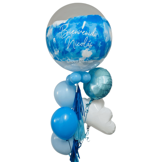 Arreglo de globos globo burbuja bebé recién nacido nacimiento personalizado con frase y pintura. Servicio a domicilio en Monterrey.