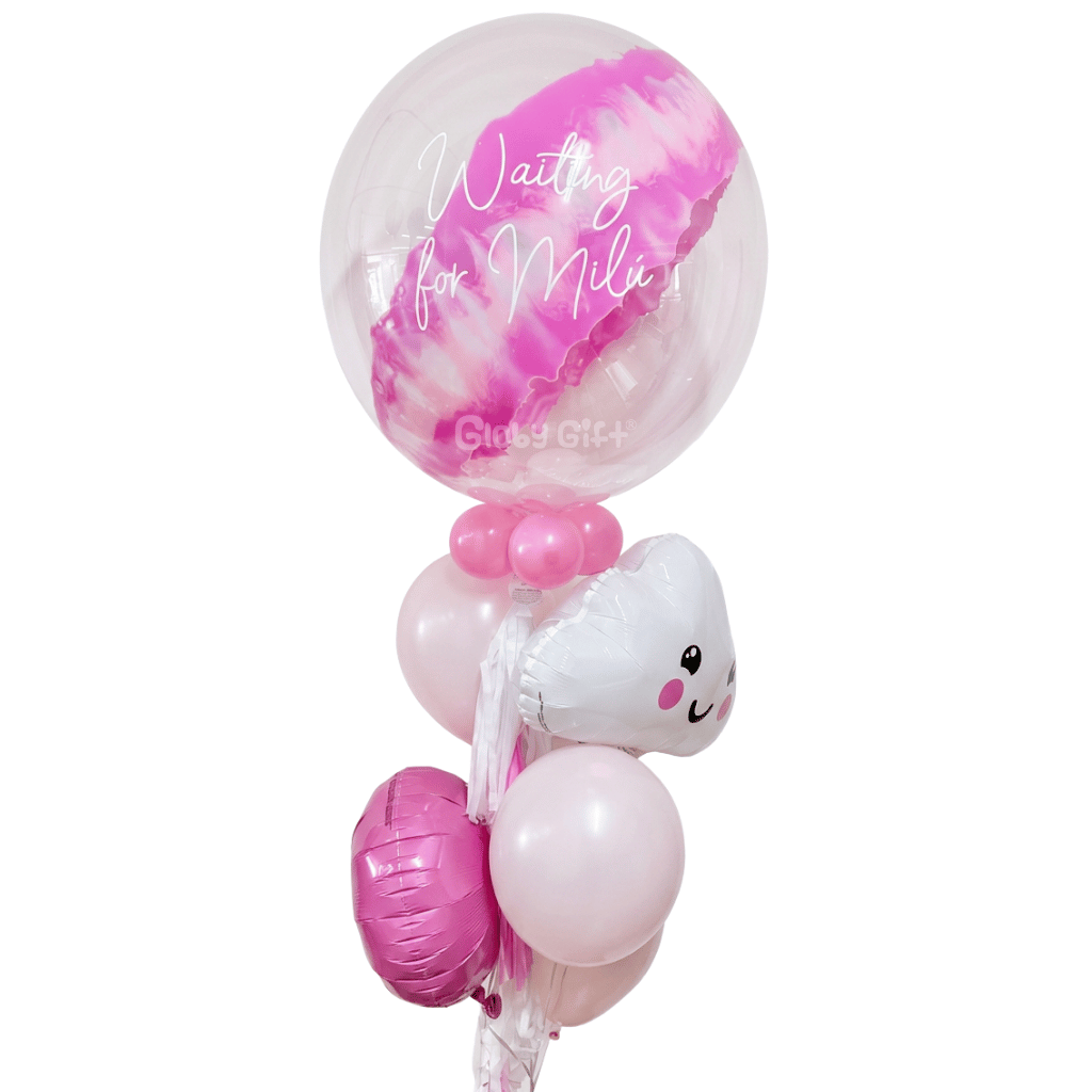 Arreglo de globos globo burbuja bebé recién nacido nacimiento personalizado con frase y pintura. Servicio a domicilio en Monterrey.