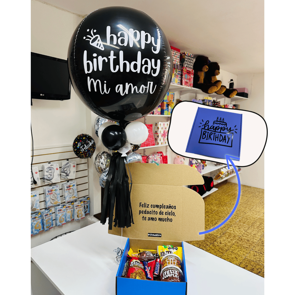Giftbox caja de regalo personalizada cumpleaños con dulces y botanas. Con globo personalizado. Servicio a domicilio en Monterrey.