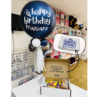 Giftbox caja de regalo personalizada cumpleaños con dulces y botanas. Con globo personalizado. Servicio a domicilio en Monterrey.