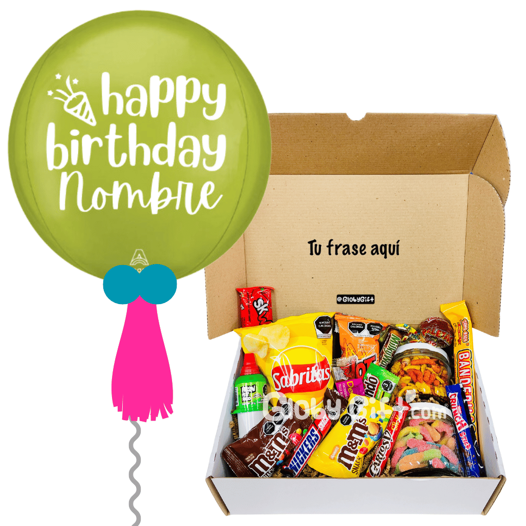 Giftbox caja de regalo personalizada cumpleaños con dulces y botanas. Con globo personalizado. Servicio a domicilio en Monterrey.