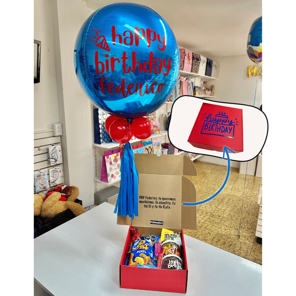 Giftbox caja de regalo personalizada cumpleaños con dulces y botanas. Con globo personalizado. Servicio a domicilio en Monterrey.