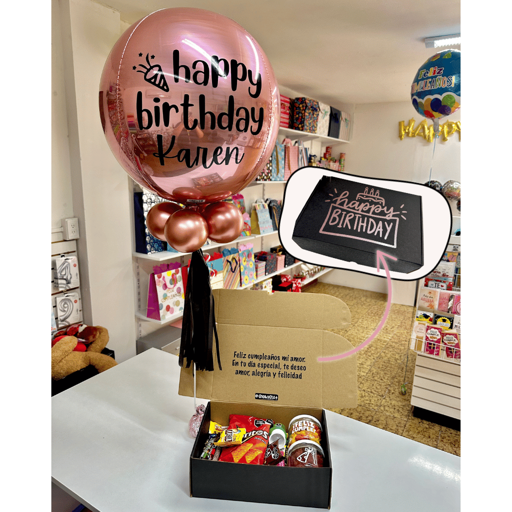 Giftbox caja de regalo personalizada cumpleaños con dulces y botanas. Con globo personalizado. Servicio a domicilio en Monterrey.