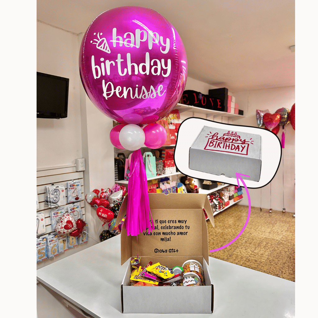 Giftbox caja de regalo personalizada cumpleaños con dulces y botanas. Con globo personalizado. Servicio a domicilio en Monterrey.