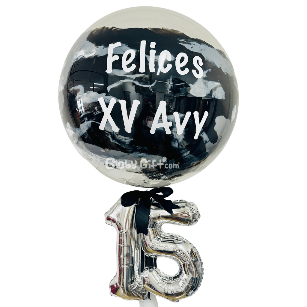 Bouquet ramillete arreglo de globos burbuja personalizado con números. Servicio a domicilio en Monterrey.