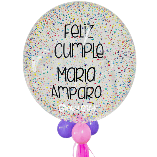 Globo bubbles burbuja con bolitas de unicel perlitas personalizado con vinil servicio a domicilio en Monterrey