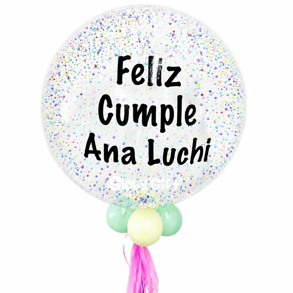 Globo bubbles burbuja con bolitas de unicel perlitas personalizado con vinil servicio a domicilio en Monterrey