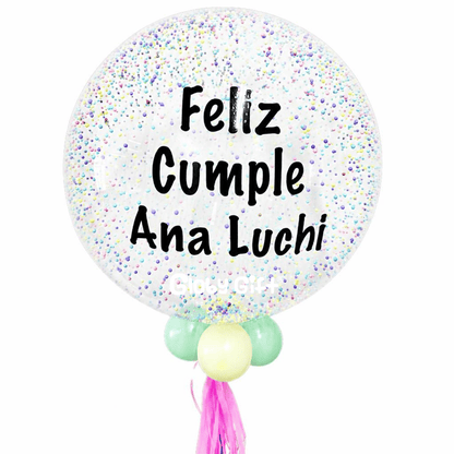 Globo bubbles burbuja con bolitas de unicel perlitas personalizado con vinil servicio a domicilio en Monterrey