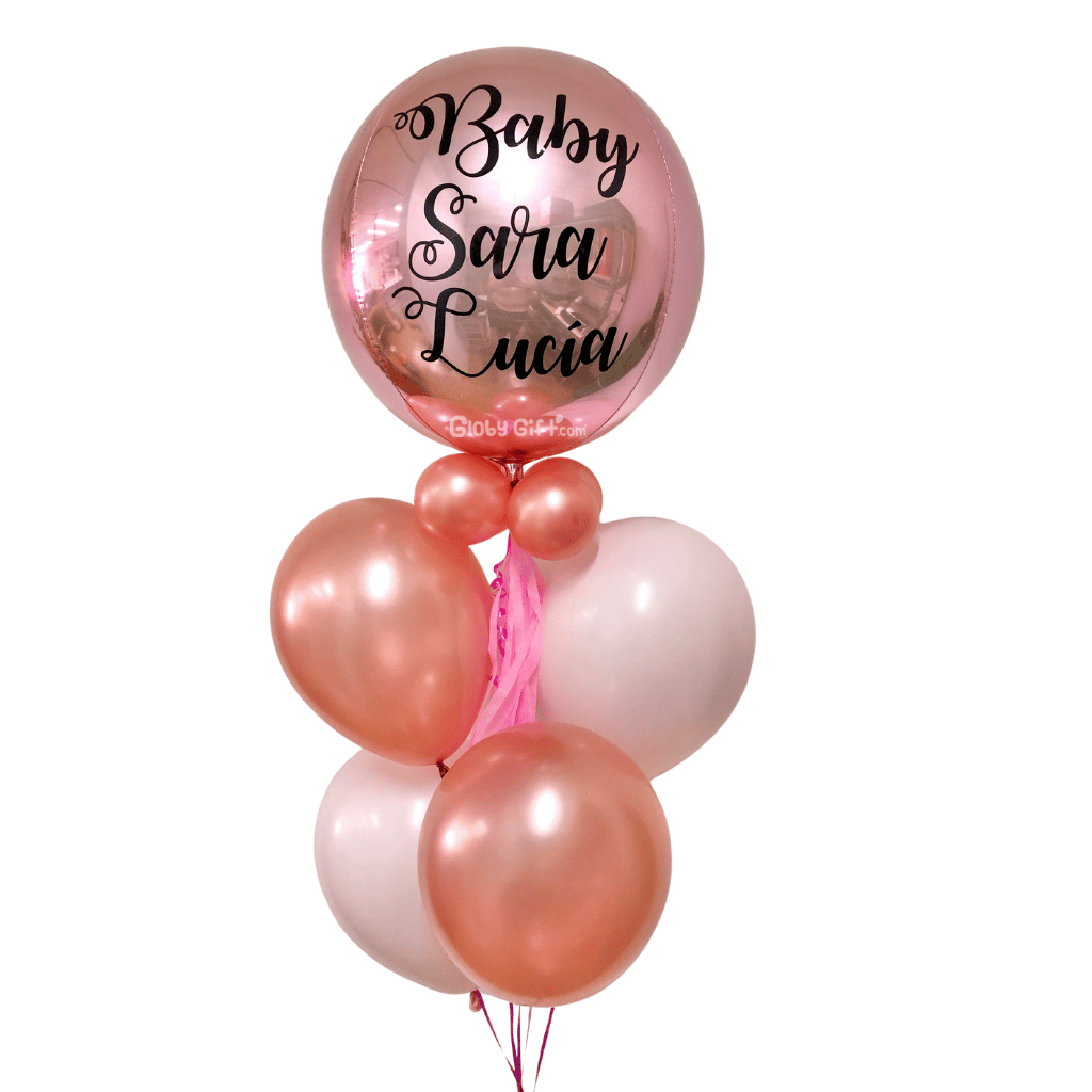 Bouquet ramillete arreglo de globos personalizado de maternidad niña recién nacida. Servicio a domicilio en Monterrey.
