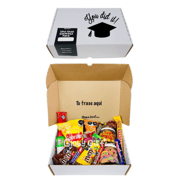 Giftbox graduación caja personalizada con globo graduación con dulces chocolates botana tamarindos. Servicio a domicilio en Monterrey.