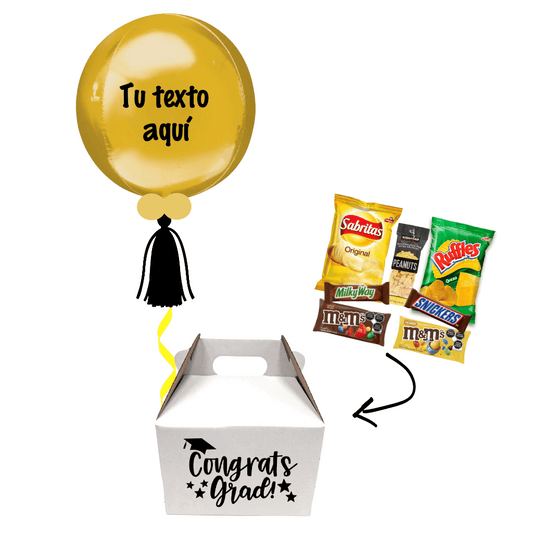 Globo personalizado graduación con giftbox caja con dulces chocolates y botanas. Servicio a domicilio en Monterrey.