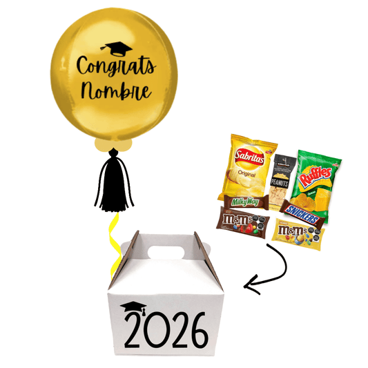 Globo personalizado graduación con giftbox caja con dulces chocolates y botanas. Servicio a domicilio en Monterrey.