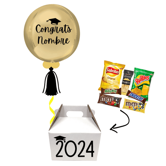 Globo personalizado graduación con giftbox caja con dulces chocolates y botanas. Servicio a domicilio en Monterrey.