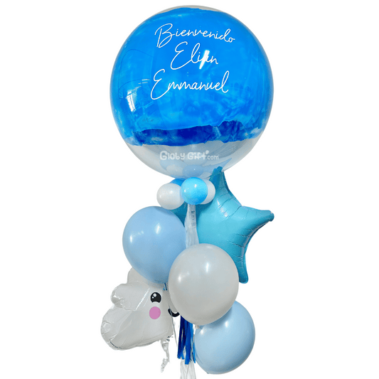 Arreglo de globos globo burbuja bebé recién nacido nacimiento personalizado con frase y pintura. Servicio a domicilio en Monterrey.