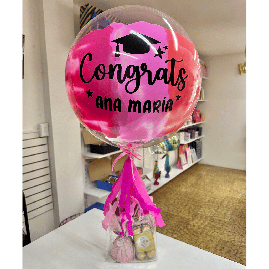 Globo burbuja personalizado de graduación con dulces. Servicio a domicilio en Monterrey. 