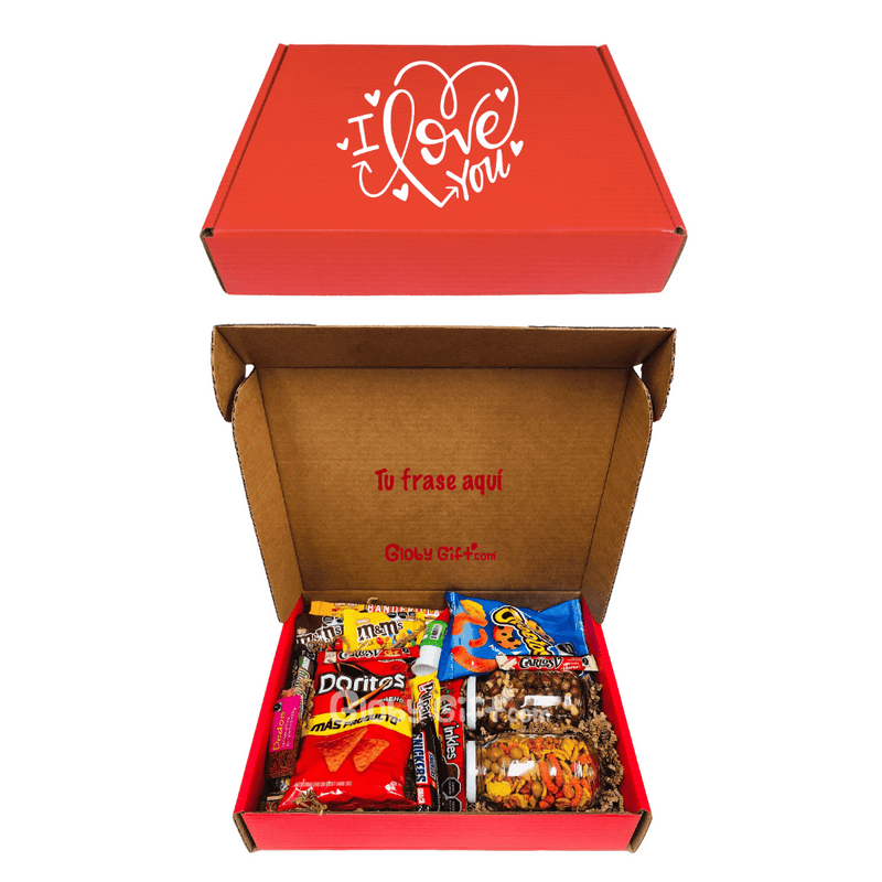 Giftbox caja con dulces y botanas San Valentín 14 de febrero día del amor y la amistad. Servicio a domicilio en Monterrey.