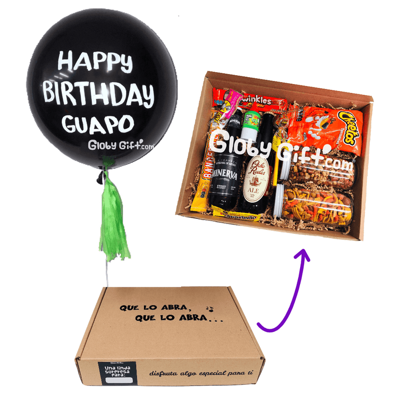 Giftbox caja con botanas y cerveza  con globo personalizado. Servicio a domicilio en Monterrey. 